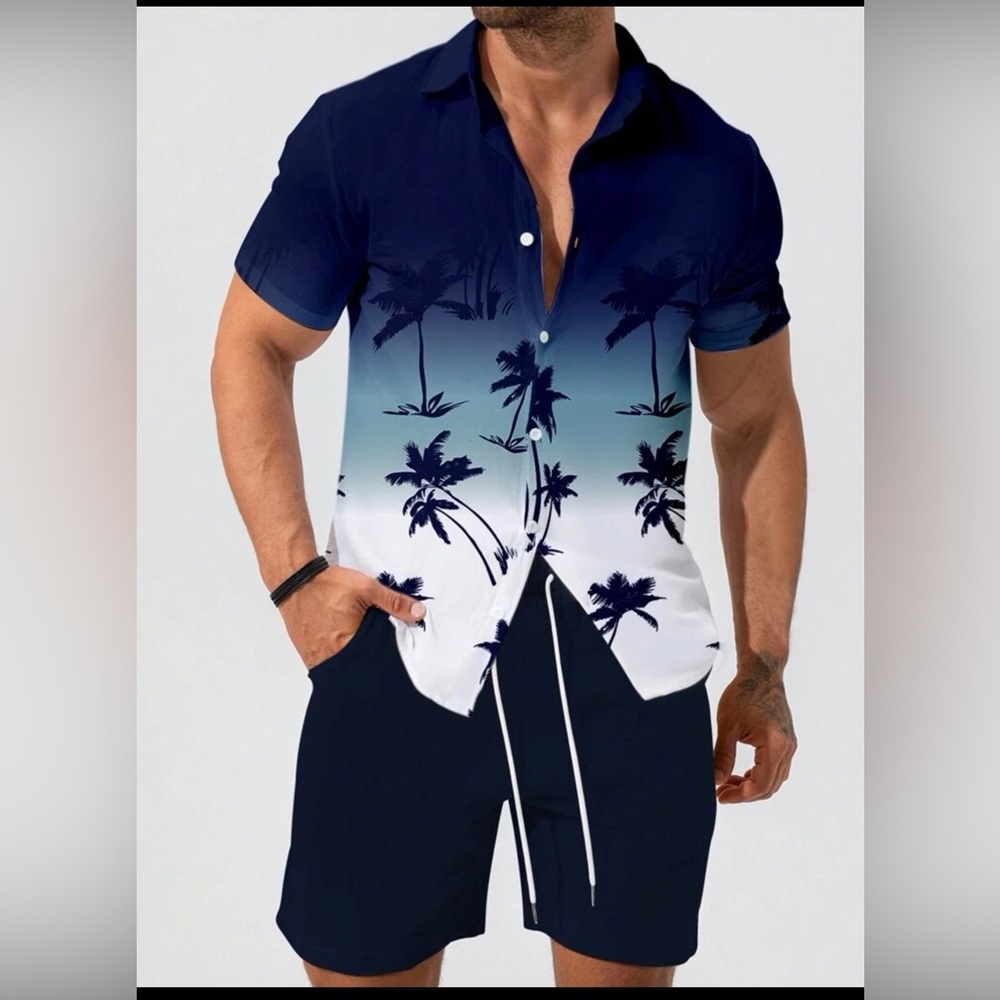 Mens Ombre Tropical Print Shirt with Drawstring Shorts